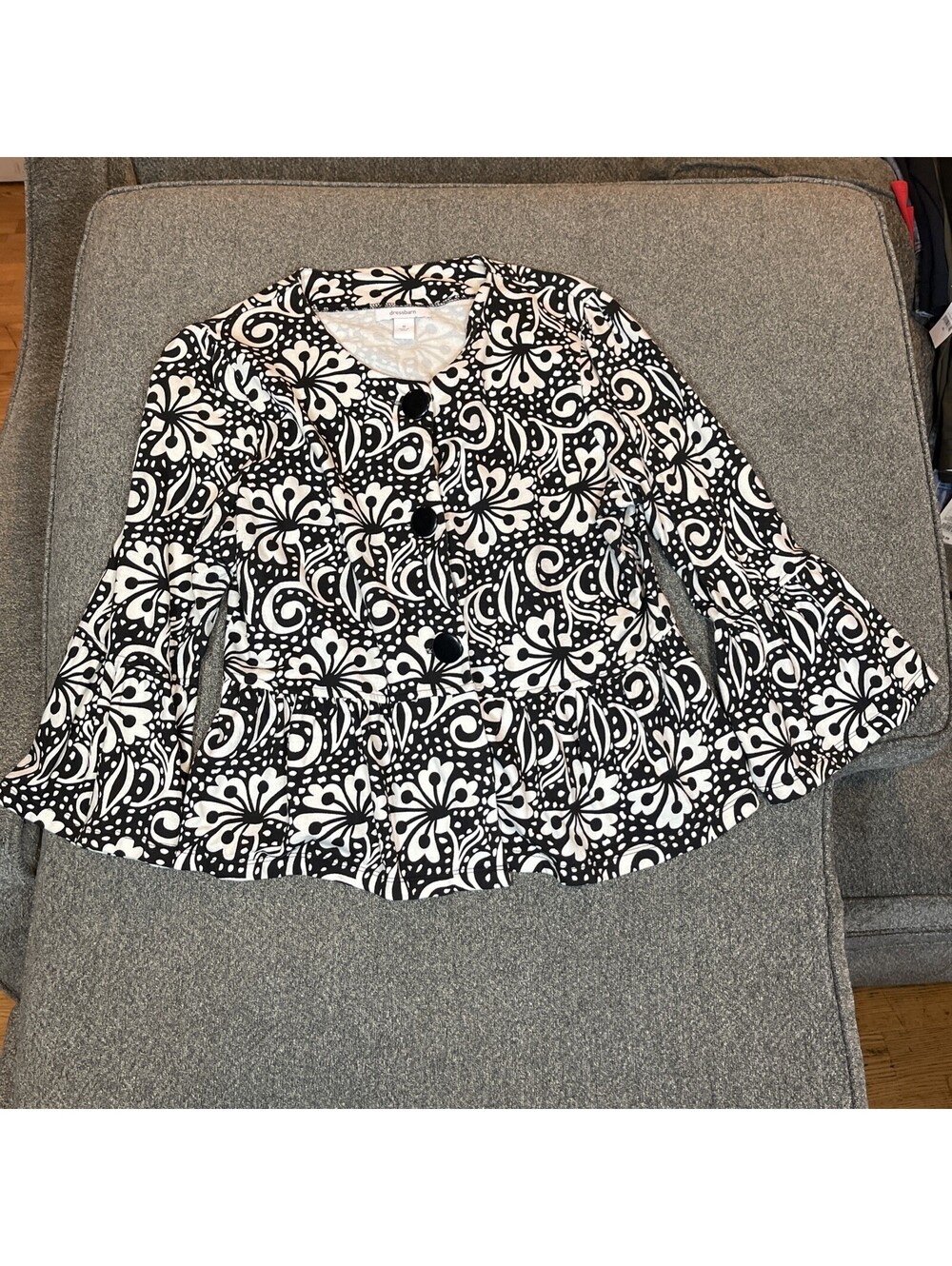 Dressbarn Satin Geometric Floral Print Top Medium - Black White Ruched Blouse